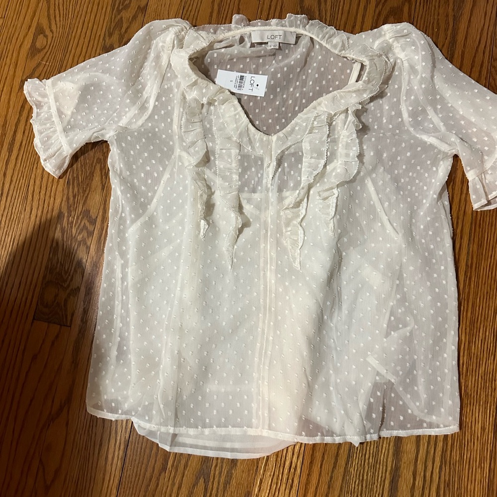 LOFT Cream Swiss Dot Ruffle Neck Short Sleeve Blouse